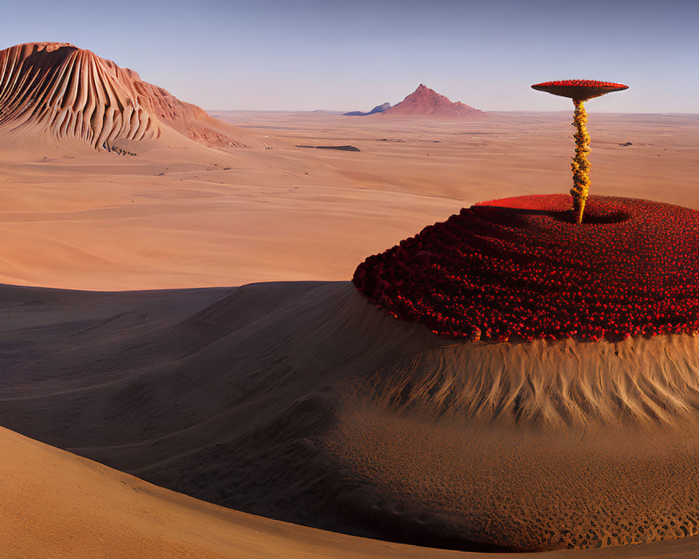 Surreal desert landscape with red and gold spool-like structure