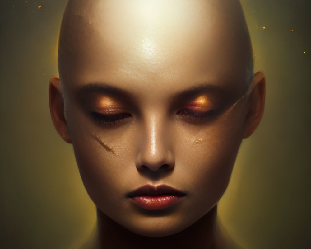 Bald humanoid digital portrait with closed eyes and orange irises