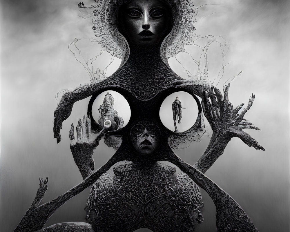 Enigmatic surreal monochromatic artwork with intricate headpieces and intertwined branches.