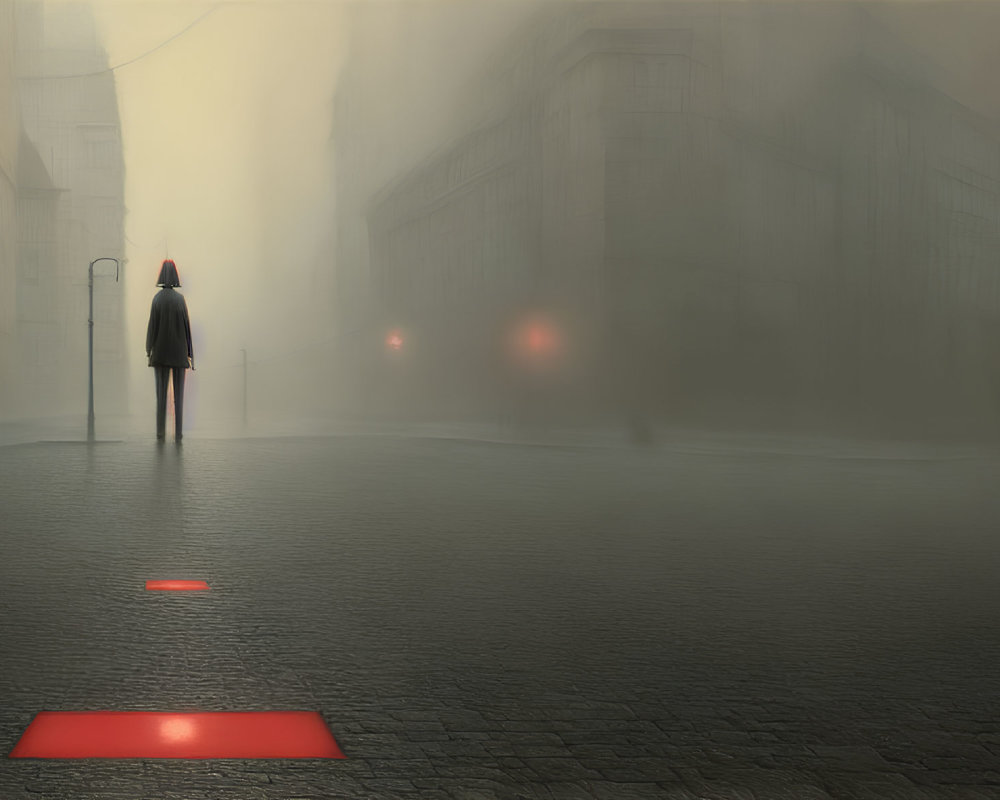 Surreal cityscape with large and small figures, cape-wearing person, red squares, and