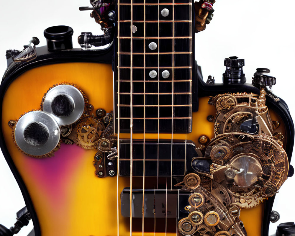 Steampunk Design Electric Guitar on Yellow-Purple Gradient Background