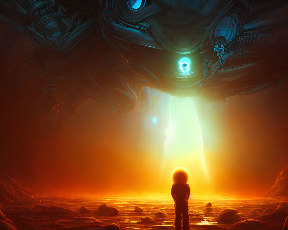 Child faces alien robot in fiery landscape with mysterious light.