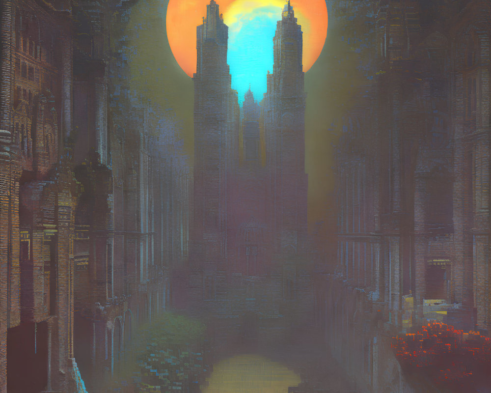 Dystopian cityscape with Gothic towers at sunset