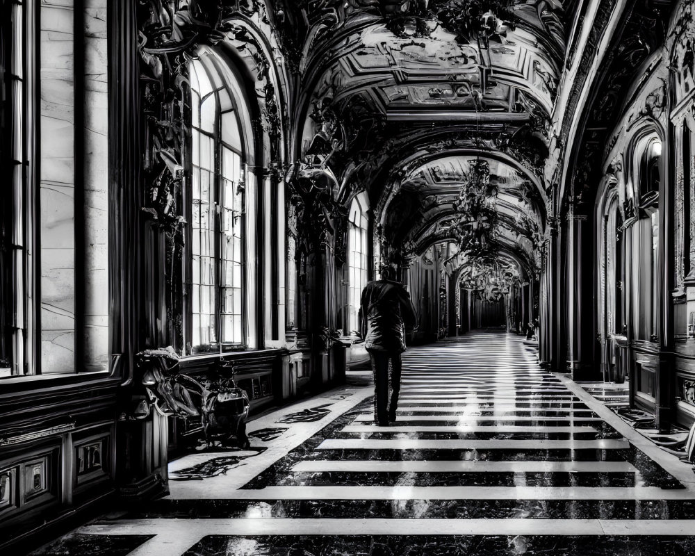 Ornate black and white corridor with checkered floors and arched windows