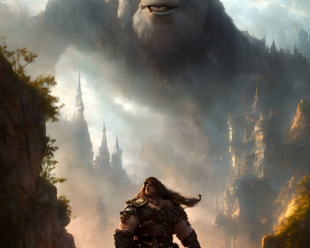 Armored warrior gazes at giant creature in misty fantasy landscape