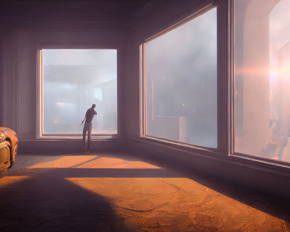 Person in Sunlit Room Observing Futuristic Cityscape