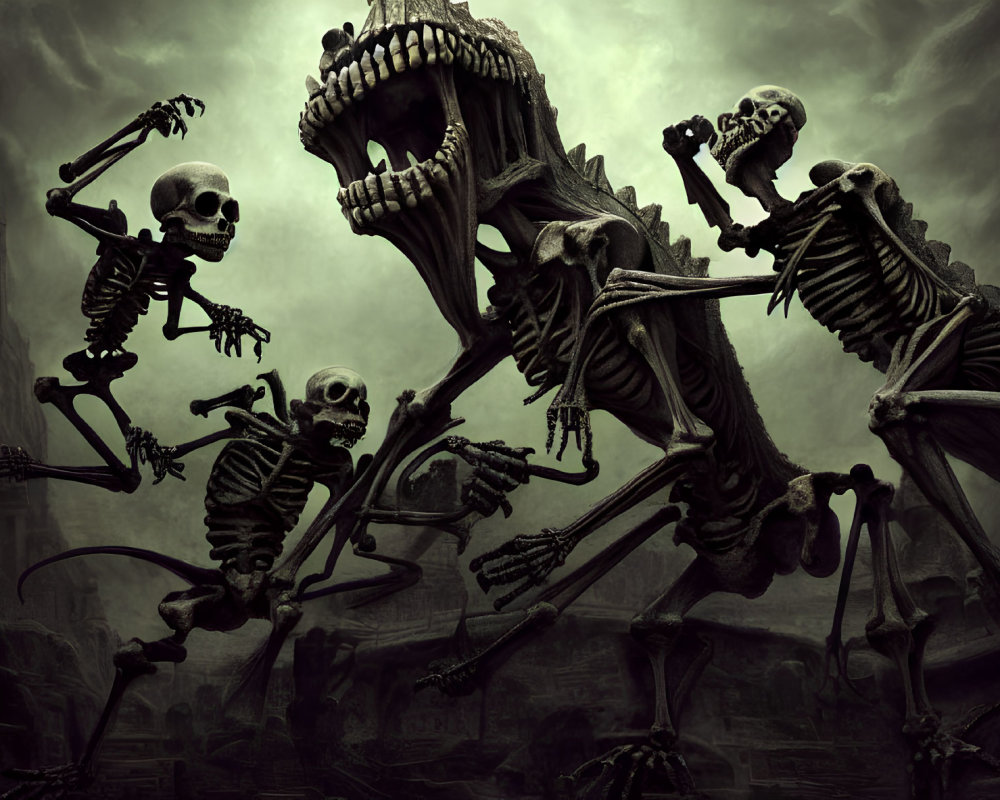 Dynamic poses of animated skeletons with a large skull-headed creature in a dark, gothic setting