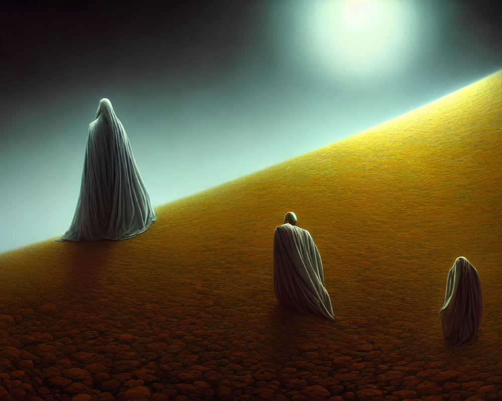 Mysterious cloaked figures in desert landscape under soft glow