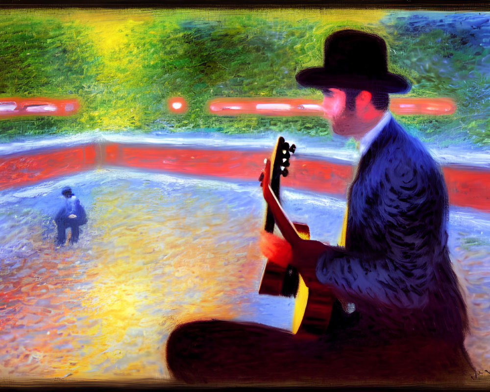 Colorful painting of man playing guitar at train station