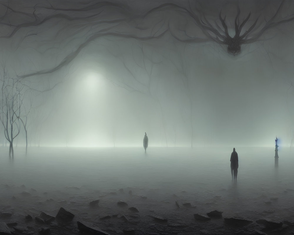 Mystical foggy landscape with silhouetted figures and glowing light