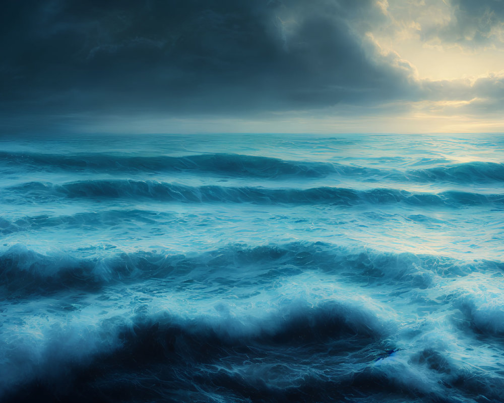 Moody seascape with dark blue waves and soft sunlight glow