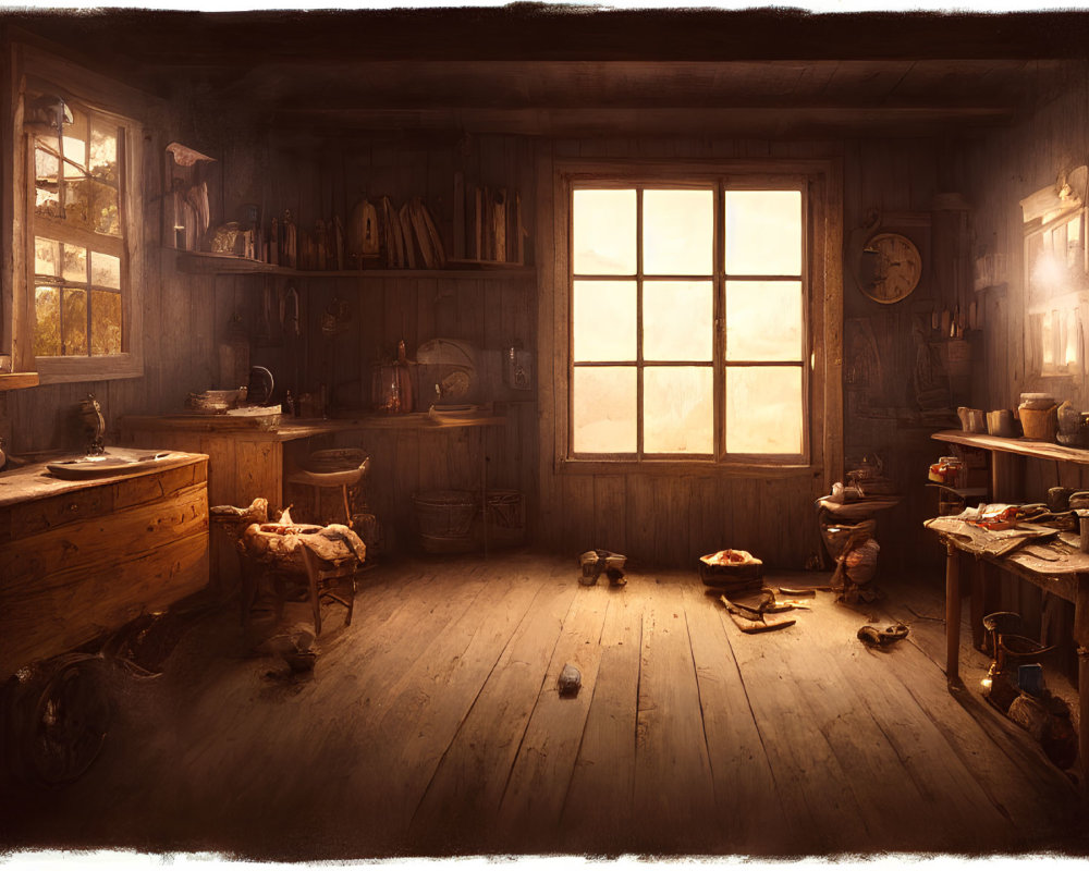 Cozy wooden cabin interior with sink, table, and household items