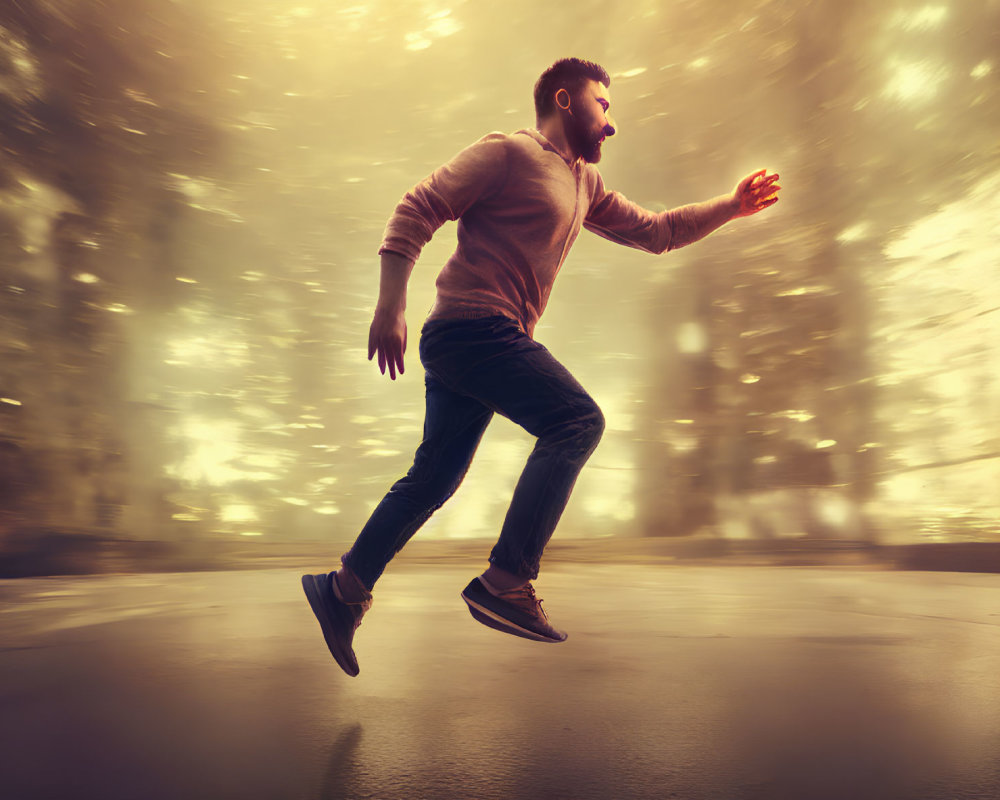 Man in casual attire frozen mid-stride on sunlit forest path