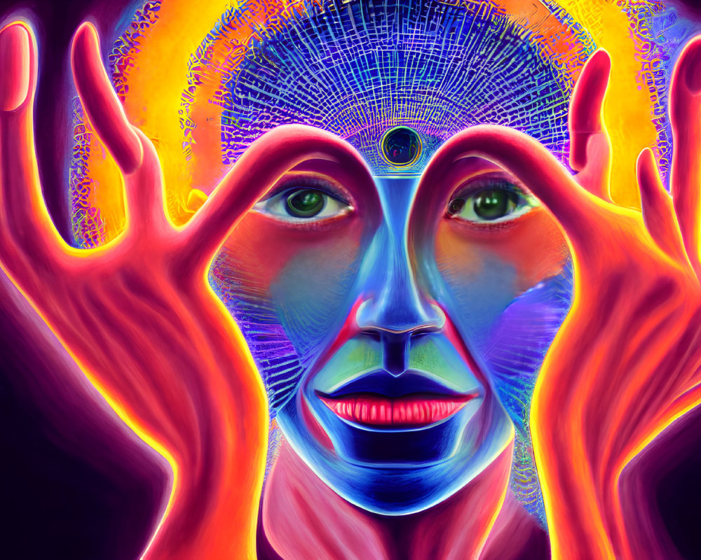 Colorful digital artwork of a face with neon colors, third eye, and hands on dark background