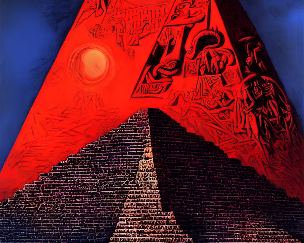 Egyptian pyramid under red sky with hieroglyphs: Mystical ancient art