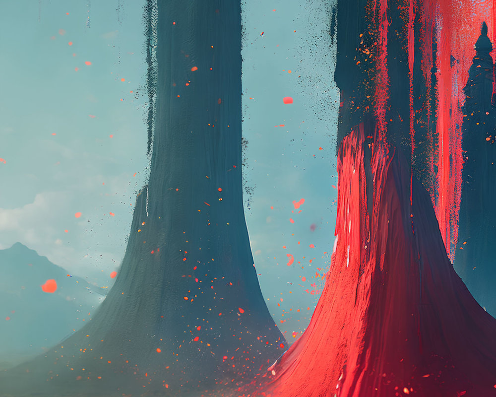 Mystical landscape with giant red and blue trees and glowing particles