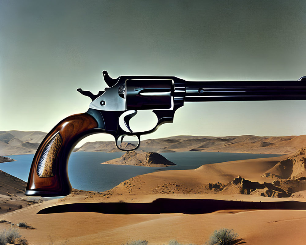 Detailed Hyperrealistic Revolver Illustration with Desert Landscape Reflection