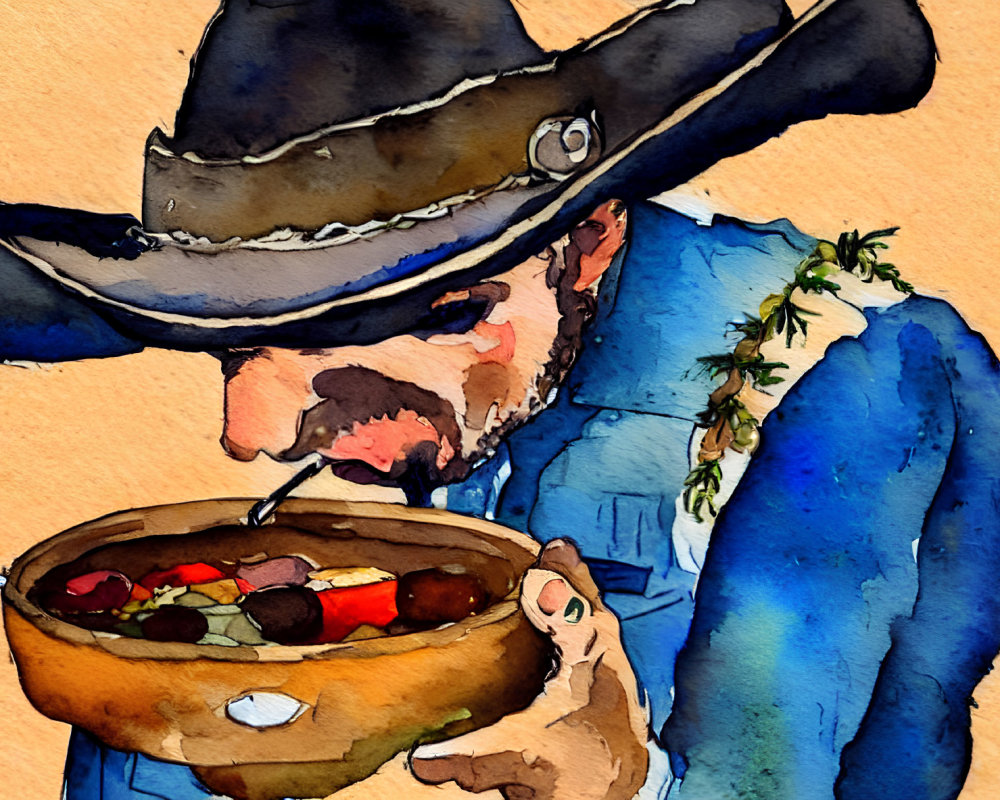 Vibrant watercolor painting of person in cowboy hat eating from bowl