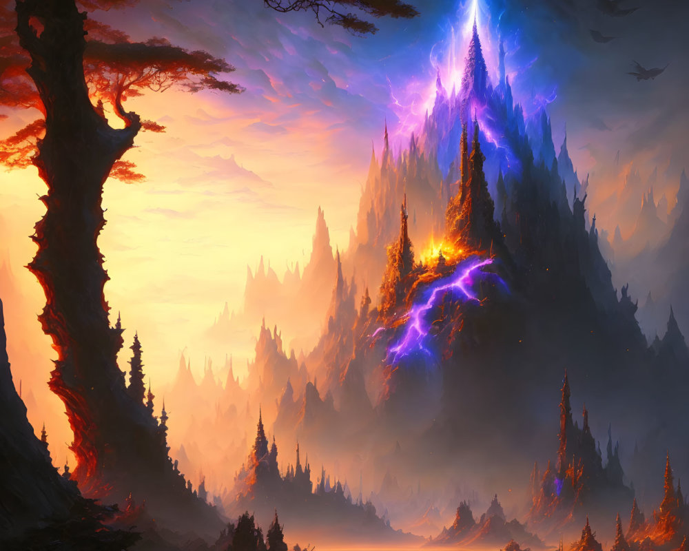 Mystical landscape with glowing crystal mountain in twilight sky