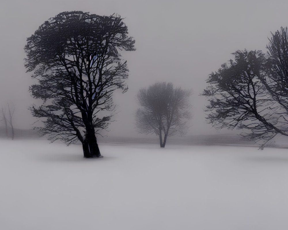 Snowy landscape with bare trees in foggy winter scene