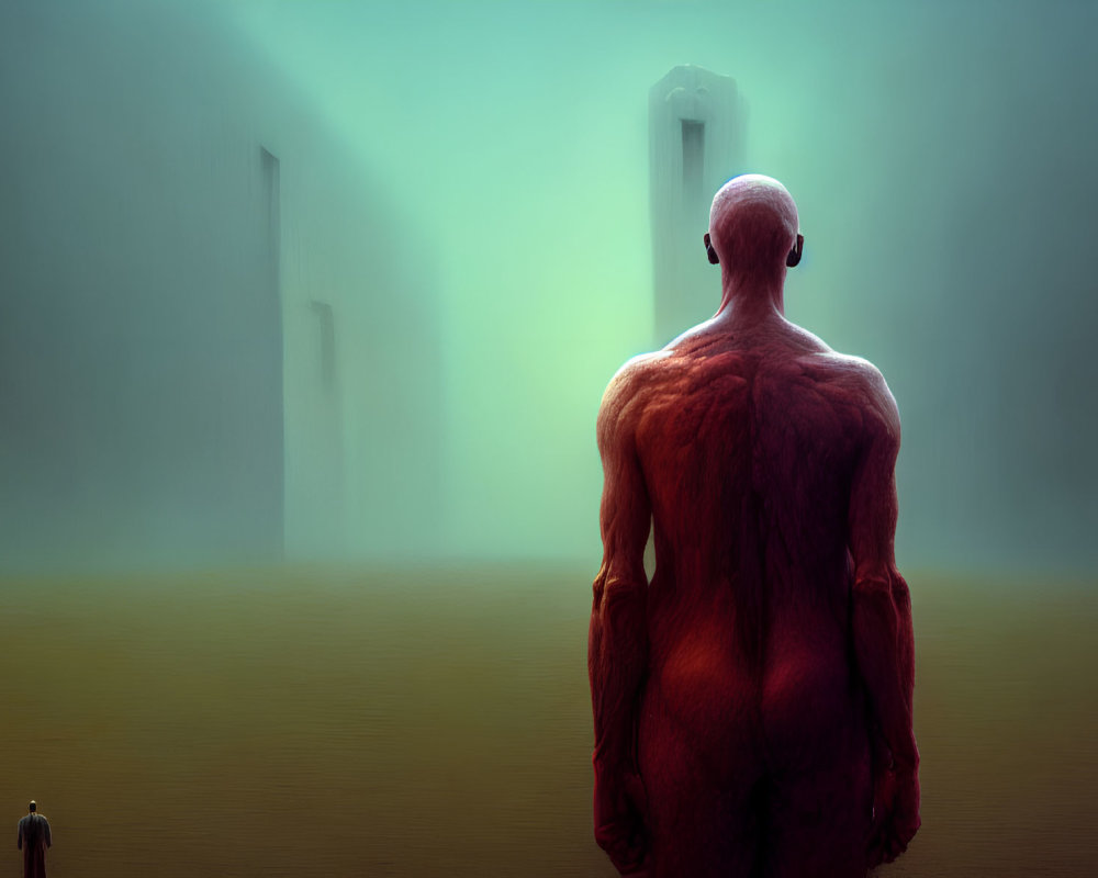 Bald muscular humanoid in misty surreal landscape with towering doors