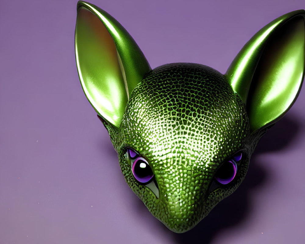 Green Animal Face Mask with Pointed Ears and Purple Eyes on Purple Background