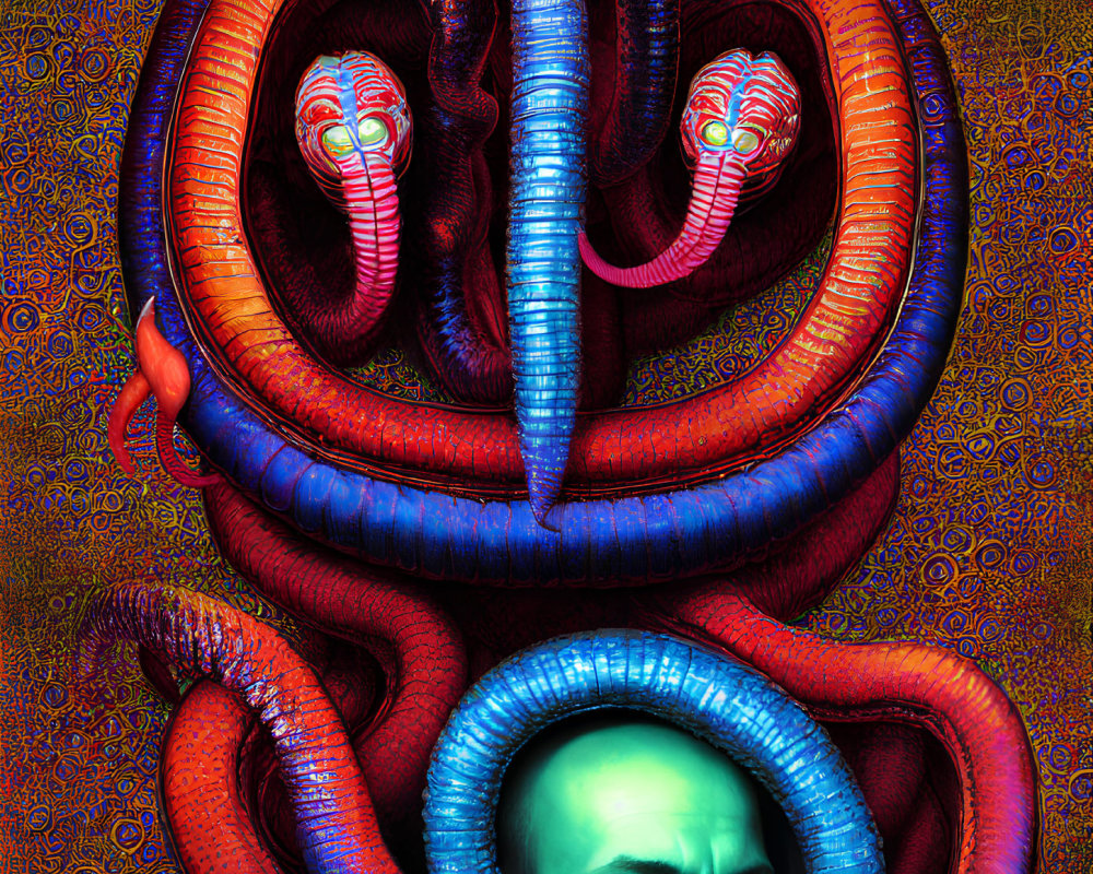 Colorful Surreal Artwork: Bald Figure with Intense Gaze and Vibrant Snake-like Entities