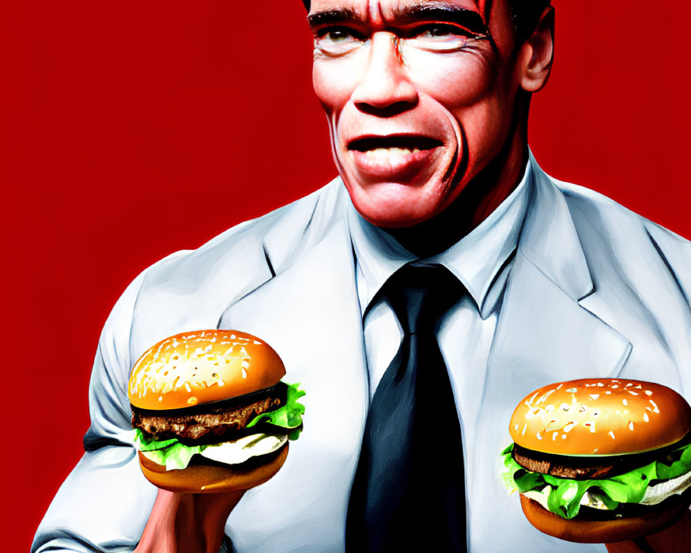 Man in suit with exaggerated features holding hamburgers on red background