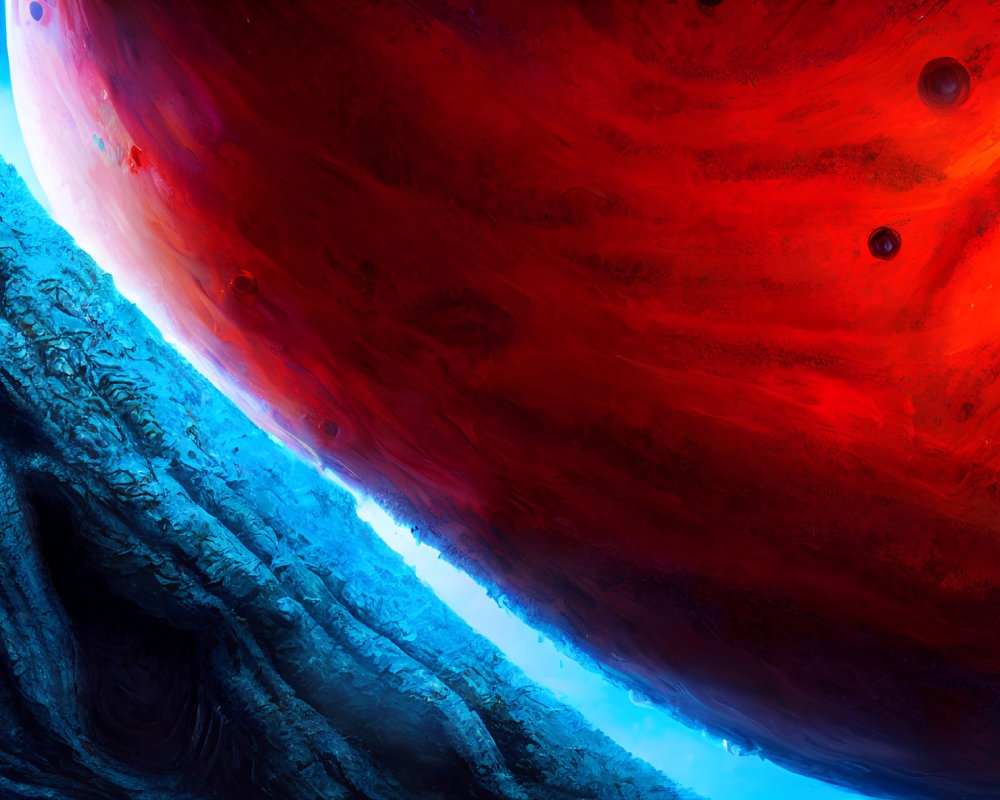 Colorful digital artwork: red and blue cosmic scene with swirling celestial bodies.