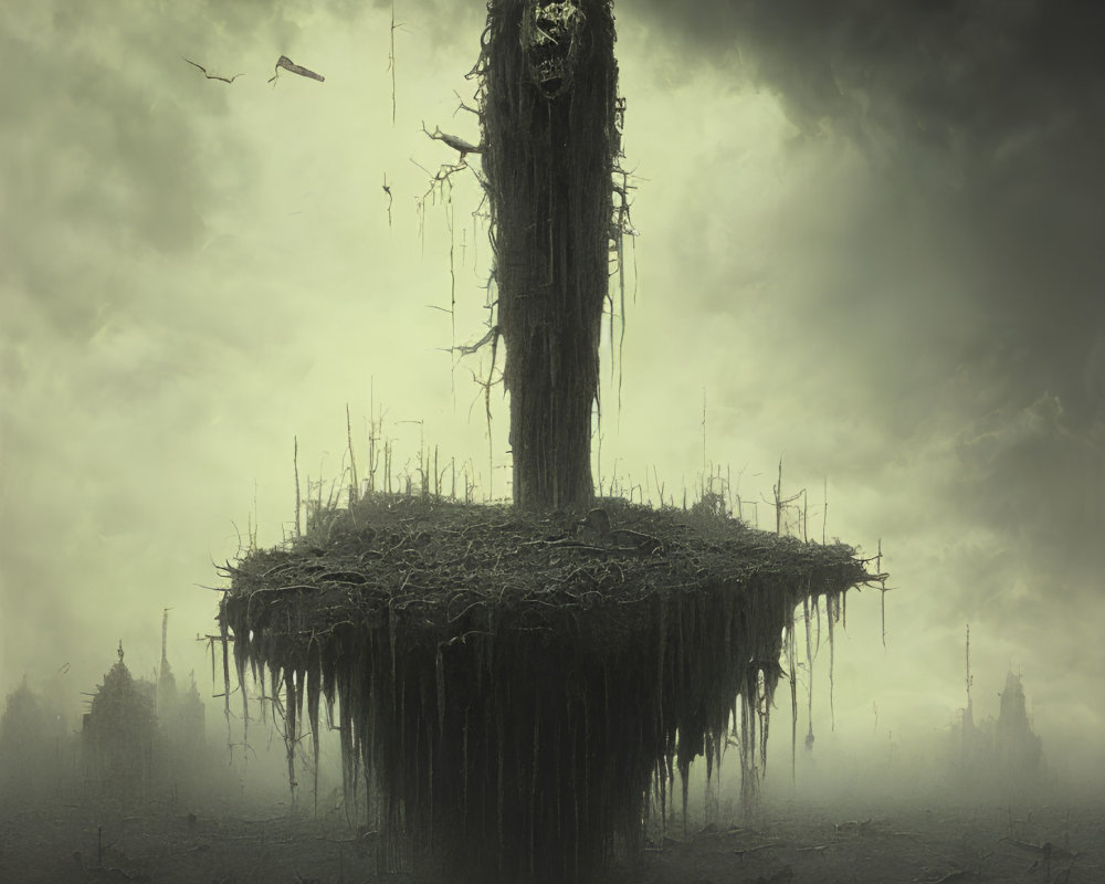 Eerie landscape with towering tree-like structure in foggy, desolated land