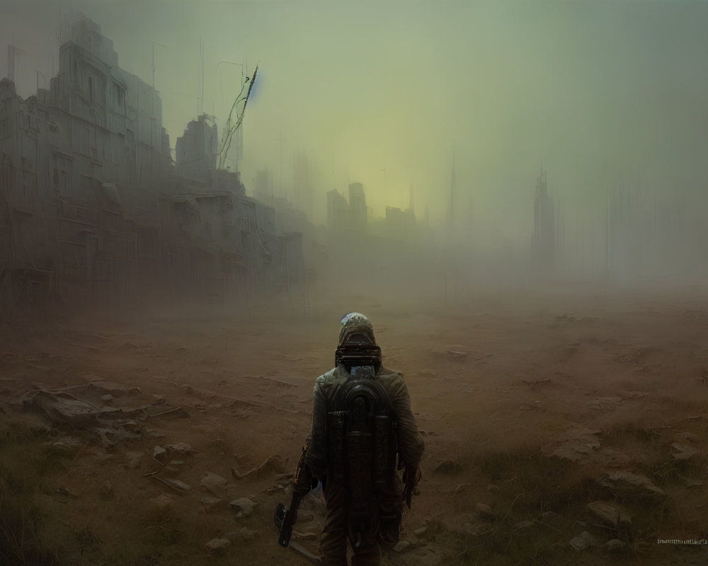 Spacesuit-clad figure in foggy post-apocalyptic cityscape.