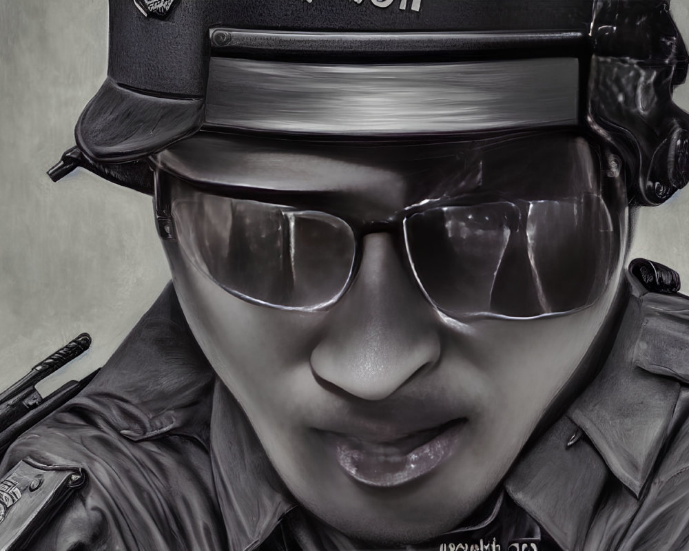 Person in Police Cap and Reflective Sunglasses with Blurred Tactical Gear Background