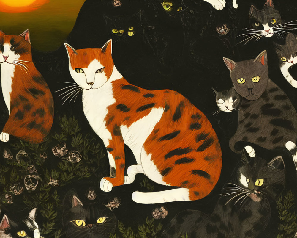 Illustration of diverse patterned cats against dark backdrop with sunset and foliage