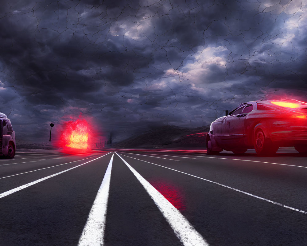 Highway scene with glowing red anomaly and stormy sky