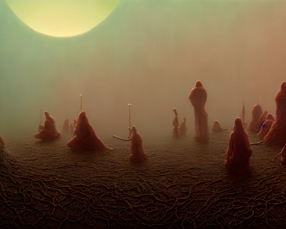 Ethereal landscape with humanoid figures in red cloaks under a yellow sun