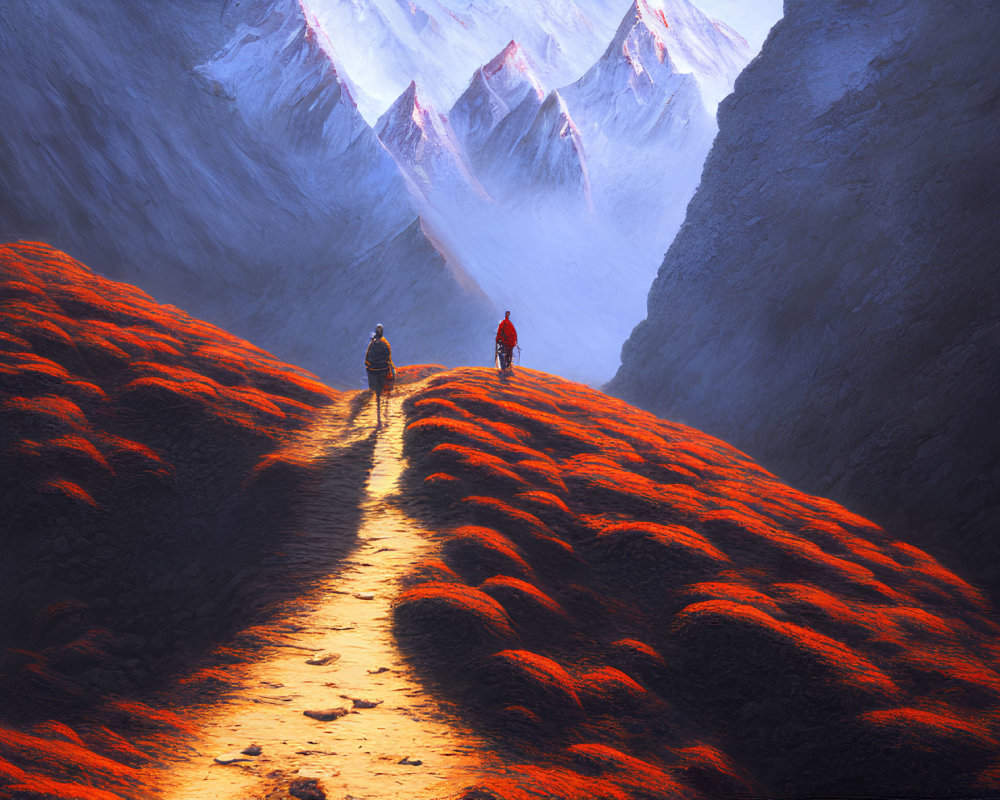 Vibrantly red mossy path in dramatic mountainous landscape