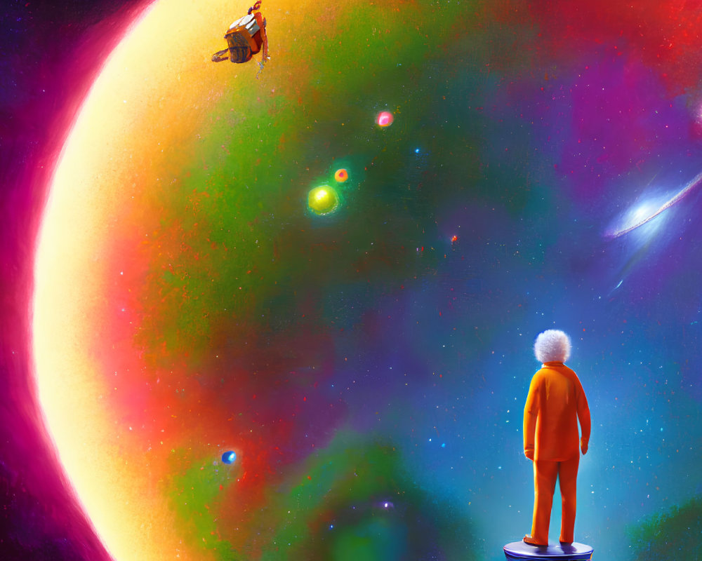 Colorful sci-fi illustration: Person, spaceship, and planet in outer space