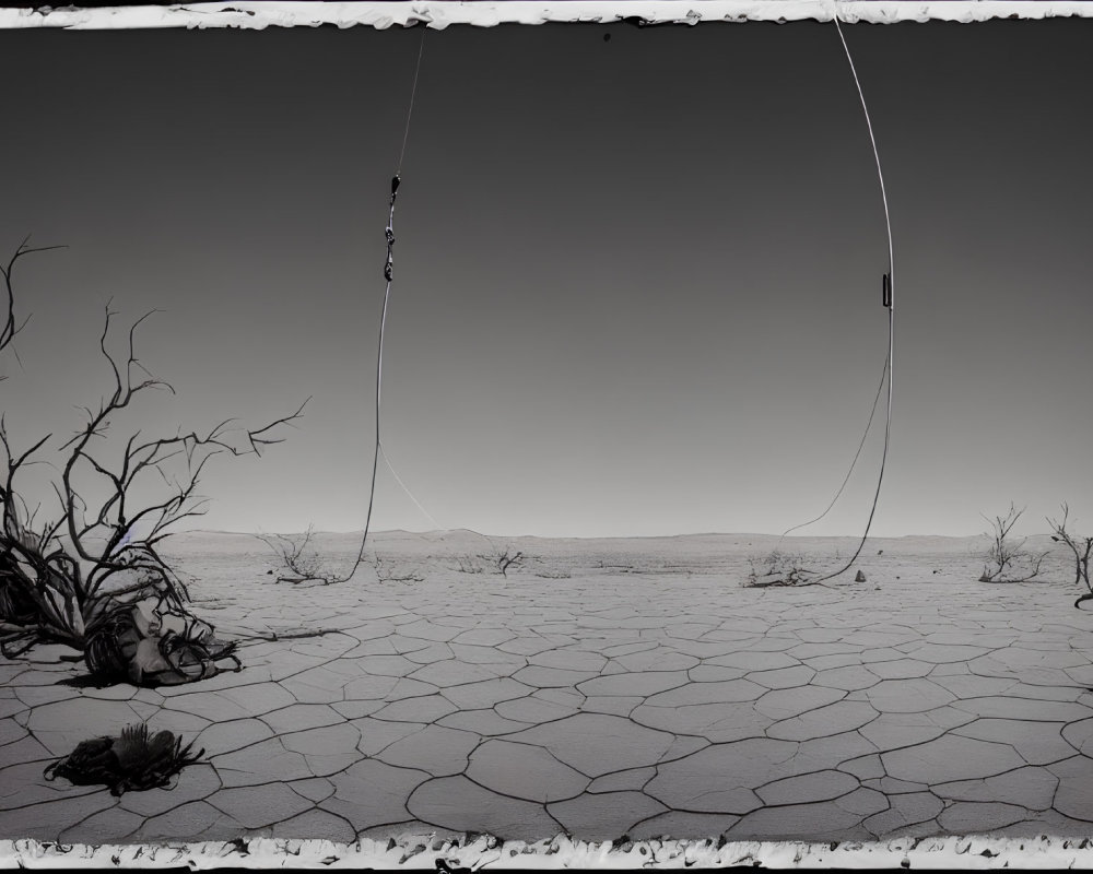 Desolate landscape with cracked ground and dead vegetation under bleak sky