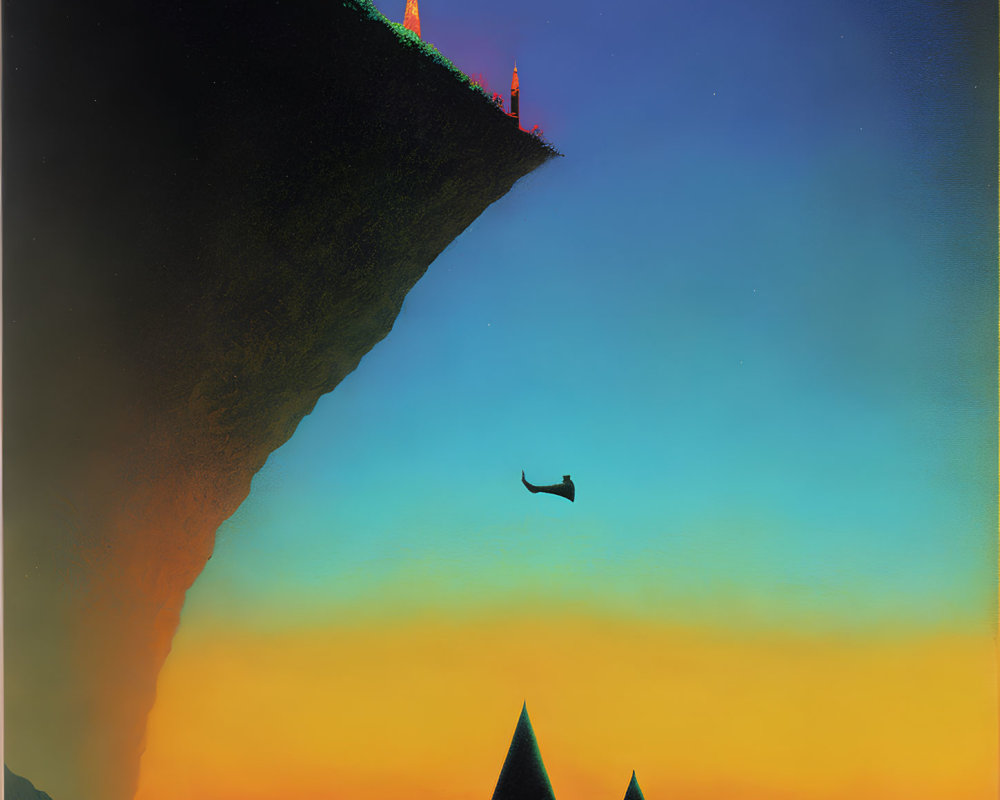 Surreal artwork: Floating cliff, towers, castle silhouette, gradient sky from night to dawn