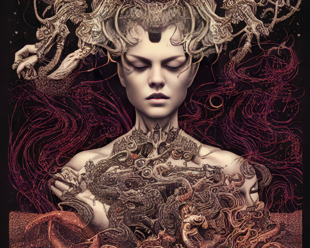 Ornate fantasy artwork of person with elaborate hair and dragons on dark background