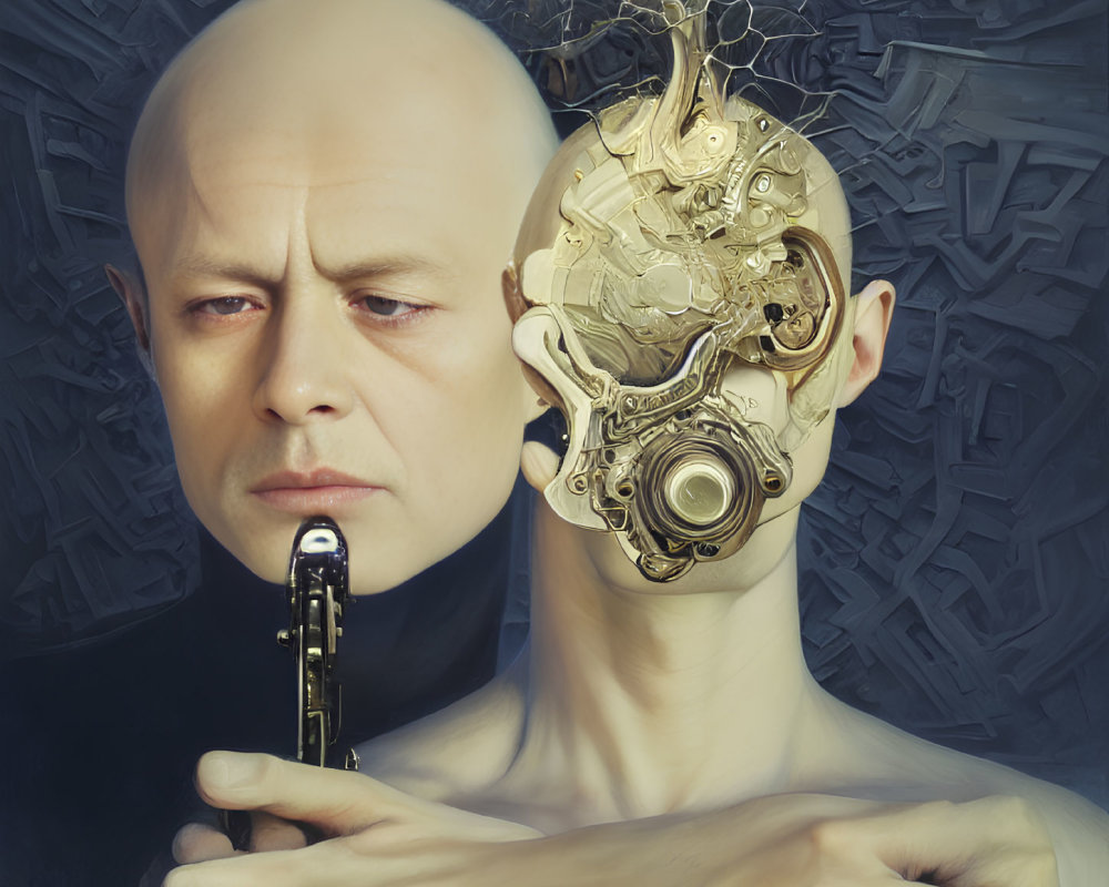 Bald Man with Exposed Mechanical Brain Holding Saxophone