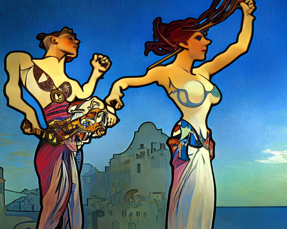 Art Nouveau style artwork of two women in flowing garments against a backdrop of blue skies and old buildings