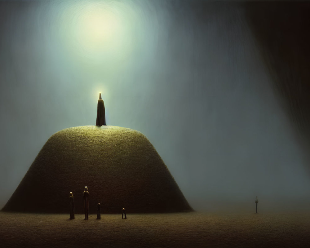 Solitary figure under glowing orb with smaller figures in misty landscape