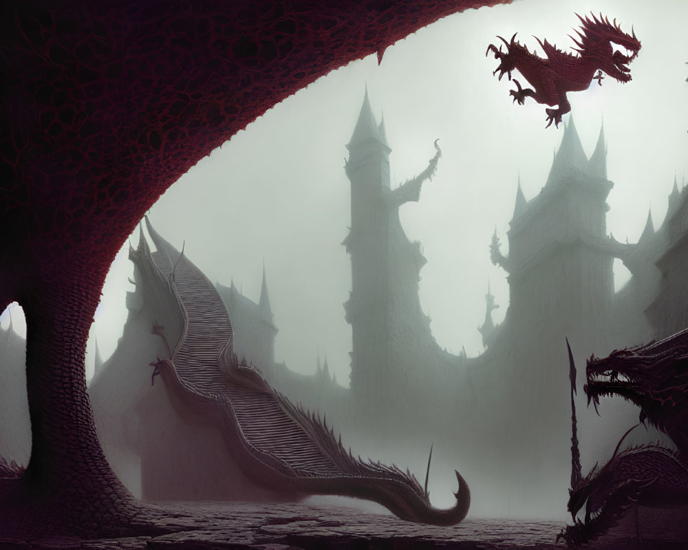 Dark, mystical landscape with dragons and gothic castle in mist.