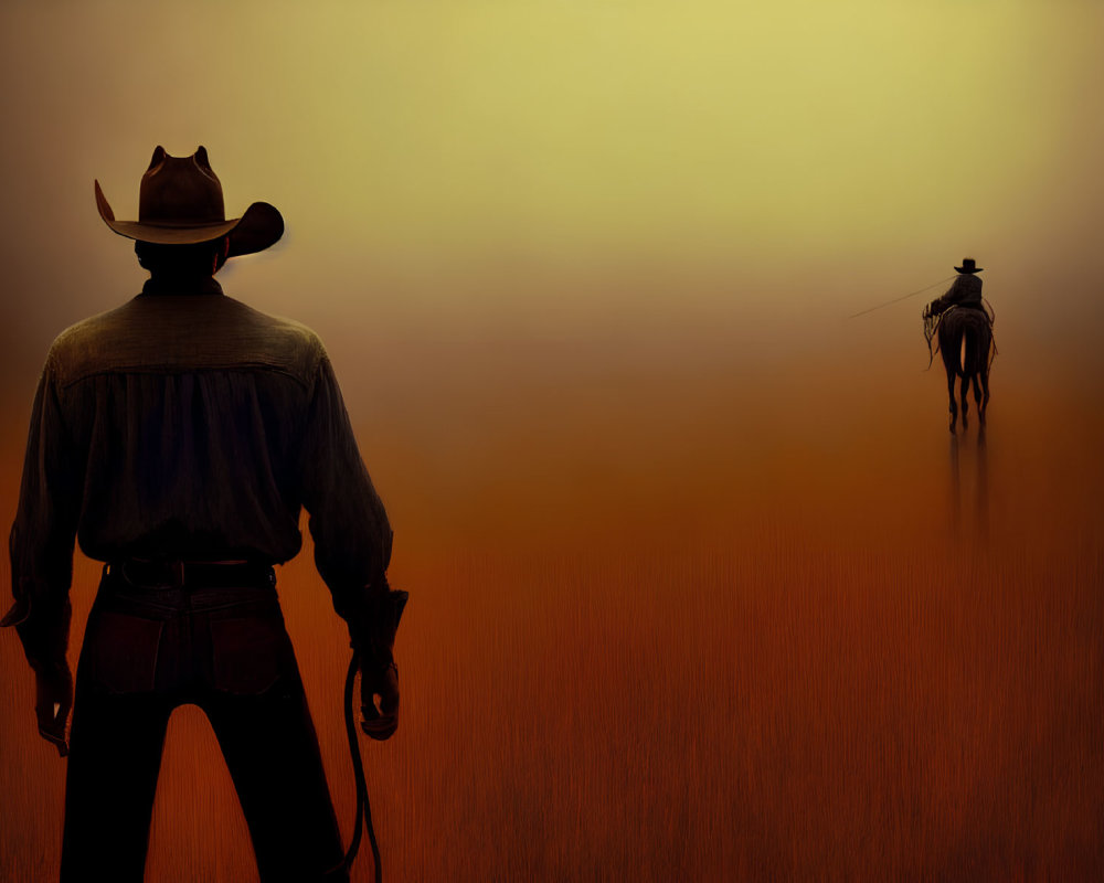 Cowboy standing in foreground gazes at another on horseback in misty landscape