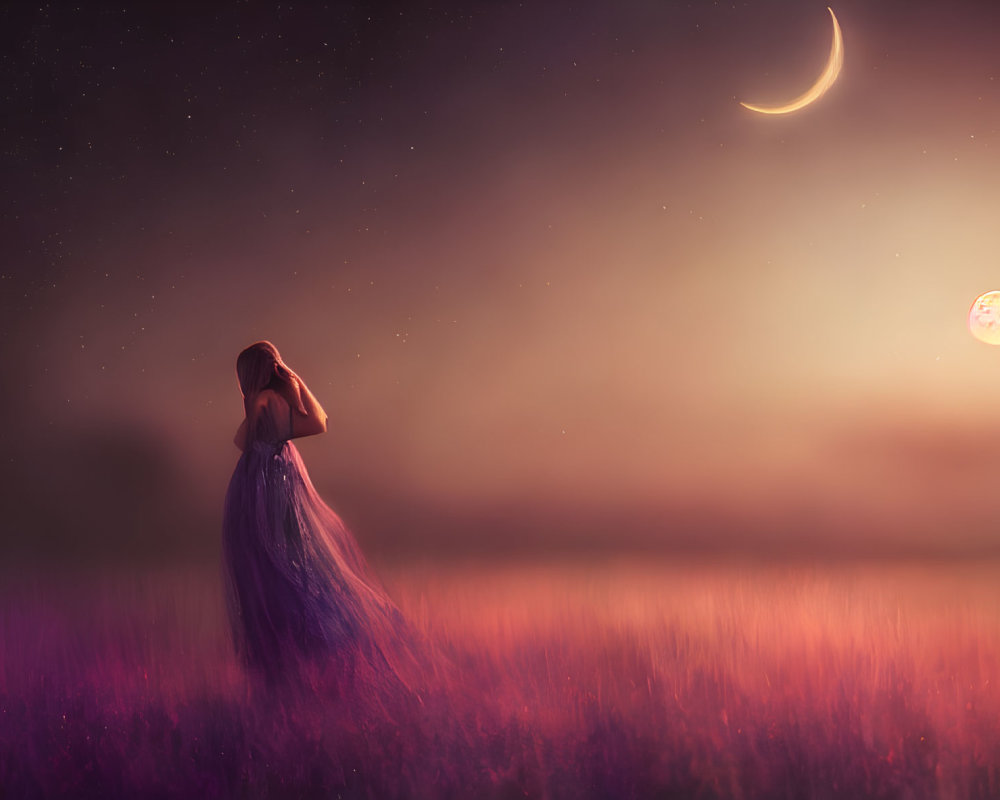 Woman in flowing dress standing in purple field at night with crescent moon and glowing planet.