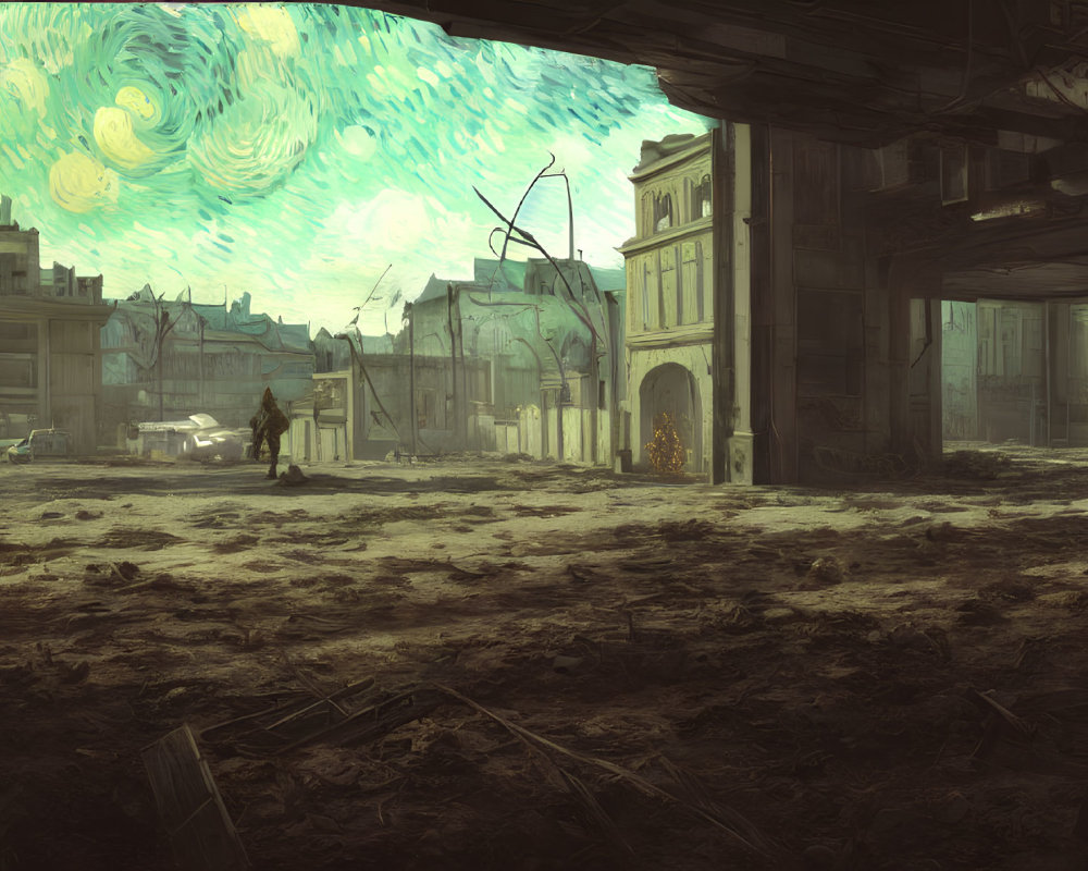 Post-apocalyptic scene with Van Gogh-inspired sky, urban ruins, survivor silhouette, and debris.