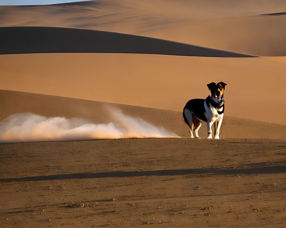 Dog on desert dune under clear blue sky