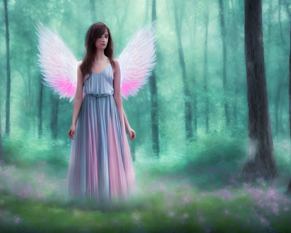 Woman with Pink-Tipped Wings in Mystical Forest with Purple Flowers