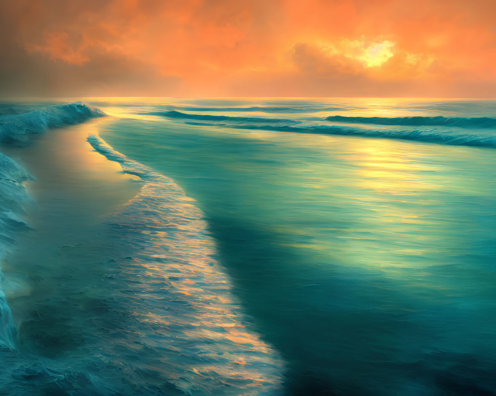 Tranquil sunset over calm sea with warm hues reflecting in gentle waves